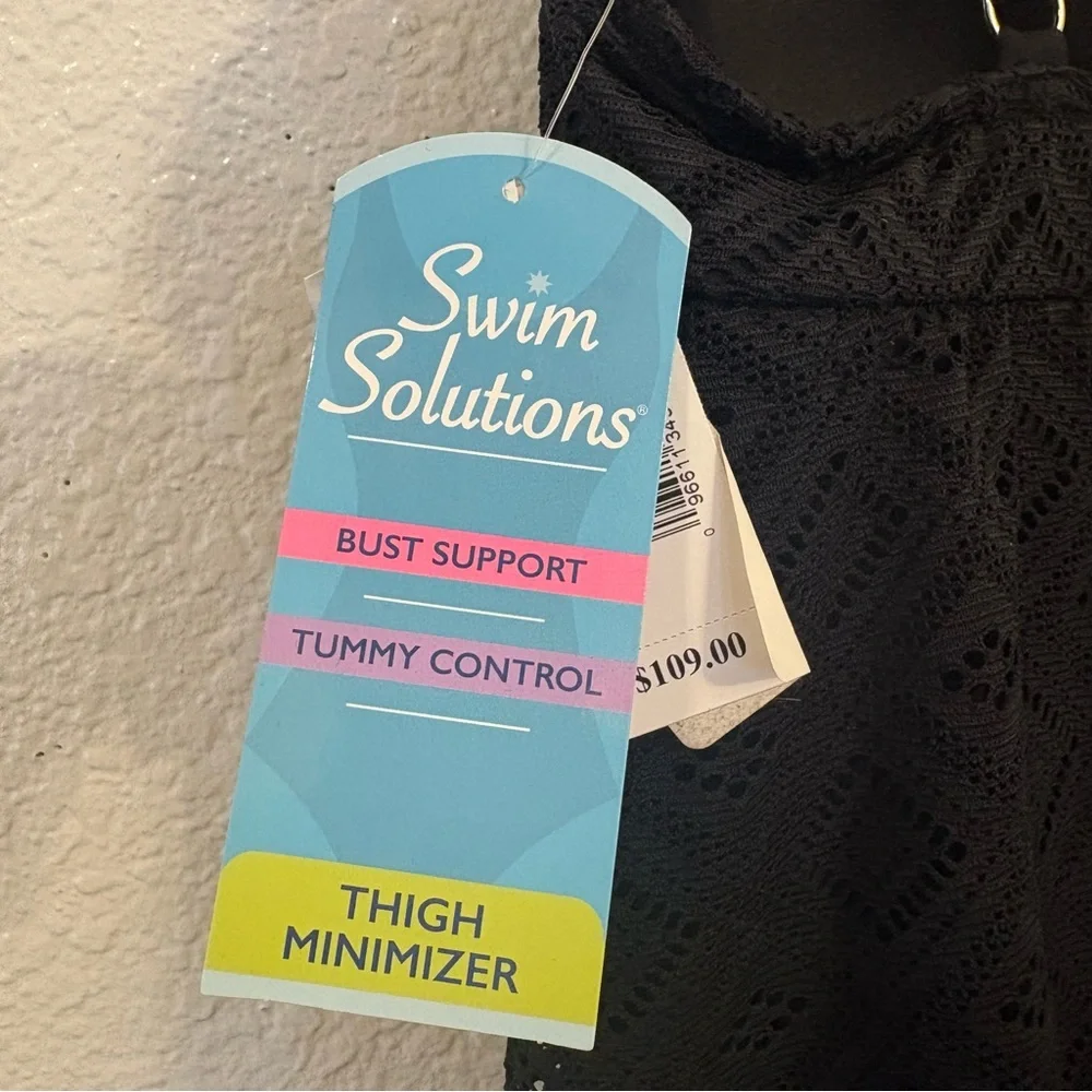 Swim Solutions Black Crochet Flyaway Tummy Control Swimdress Women Size 8 - Picture 9 of 11